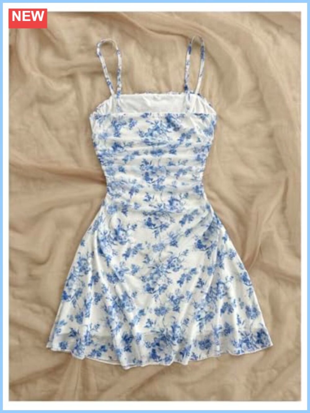 Floral Print Ruched Cami Mesh Mini Dress Ruffle Hem Sleeveless - Picture 2 of 5